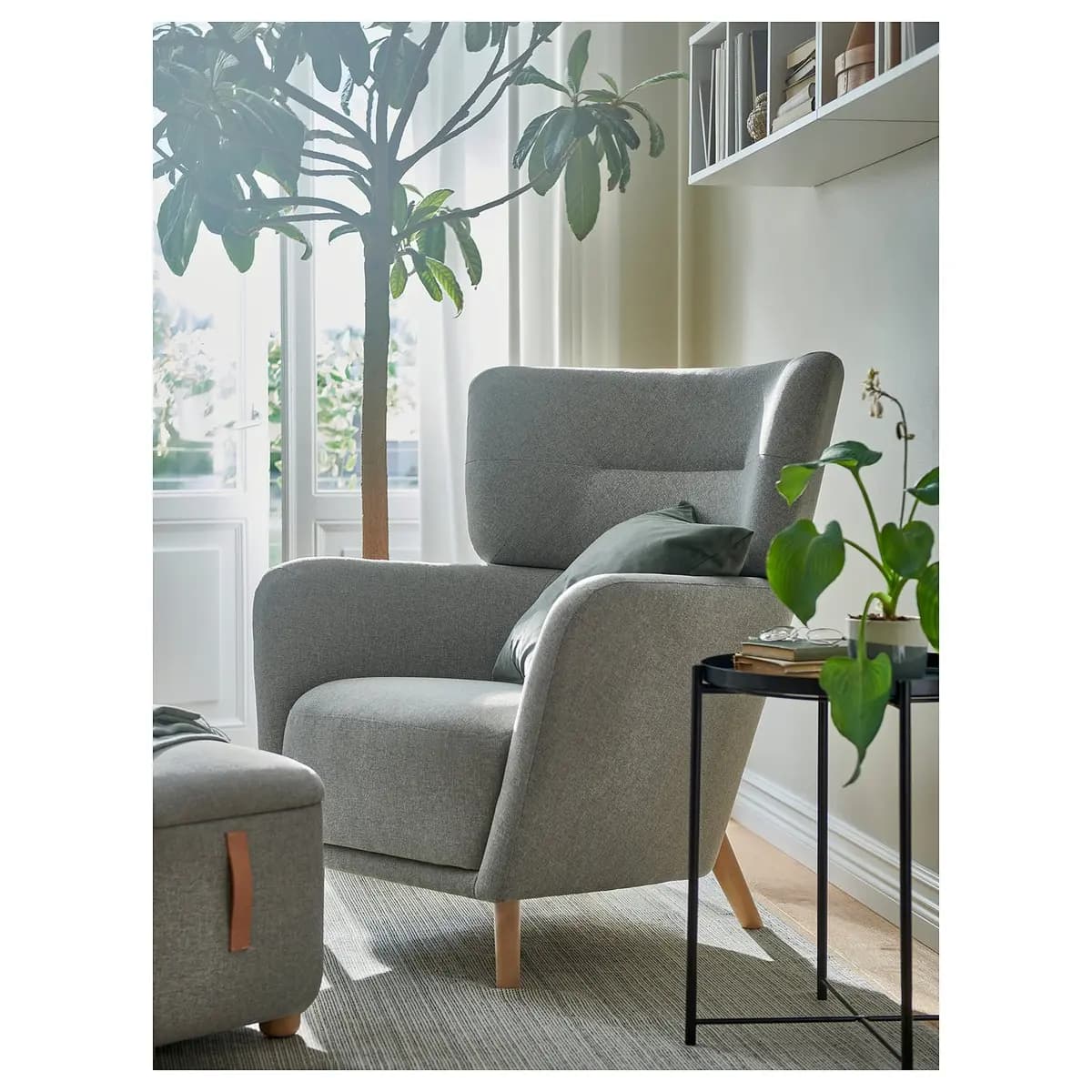 IKEA OSKARSHAMN Wing chair with ottoman, Tibbleby beige/gray [100% polyester (min. 90% recycled)]
