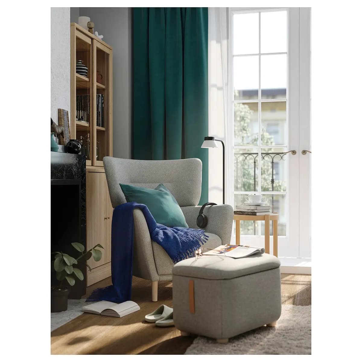 IKEA OSKARSHAMN Wing chair with ottoman, Tibbleby beige/gray [100% polyester (min. 90% recycled)]