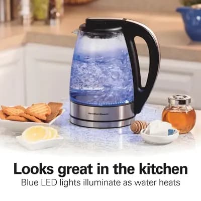 Hamilton Beach 1.7L Illuminated Glass Kettle - 40869: Electric Water Boiler, Overheat Protection, Cordless, LED Indicator [Plastic, 1500.0 watts, 1.7 Liter]