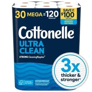 Cottonelle Ultra Clean Strong Toilet Paper - 30 Mega Rolls [Health Facts Dye-Free, No Fragrance Added, Sheets Per Roll 284, Sustainability Claims Plant-Based, Count 30 Rolls]