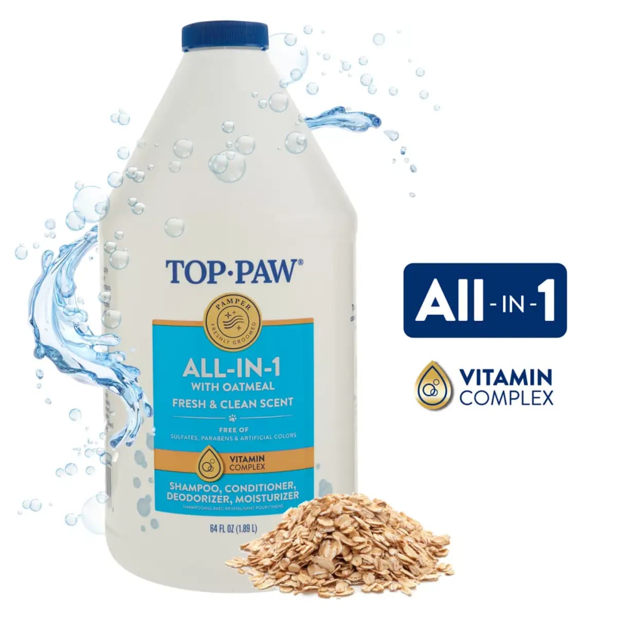 Top Paw® All-In-1 Dog Shampoo, Conditioner, Deodorize, Moisturize with Oatmeal - Fresh & Clean 64 oz [Brand Top Paw®, Intended For Dogs, Includes (1) 64 OZ Bottle, Health Considera