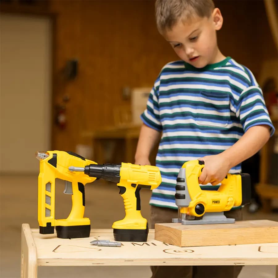 Fat Brain Toys 3-in-1 Power Tool Set Pretend Play Toys for Kids Ages 3 and Up [Set of 3 pretend power tools, Encourages fine motor skills, imaginative play, role play, creativity, 