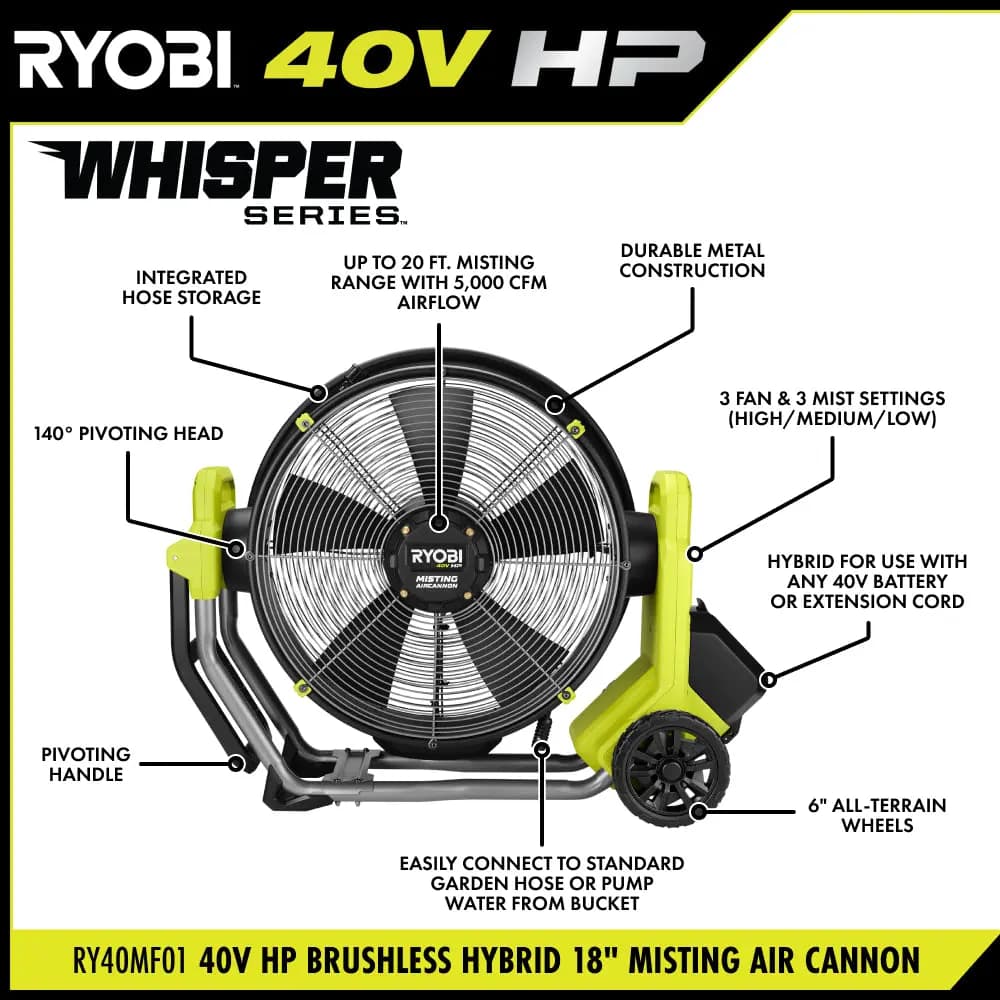 RYOBI 40V HP Brushless Hybrid 18" Misting Air Cannon [Power Source Cordless, Blade Diameter 18", CFM 5,000]
