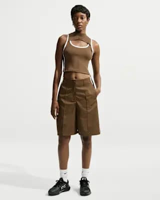 Naomi Osaka Women's Loose Mid-Rise Shorts Mosswood Brown/Black/White/Black [100% polyester, Machine wash, XS (0–2)-XXL (20–22)]