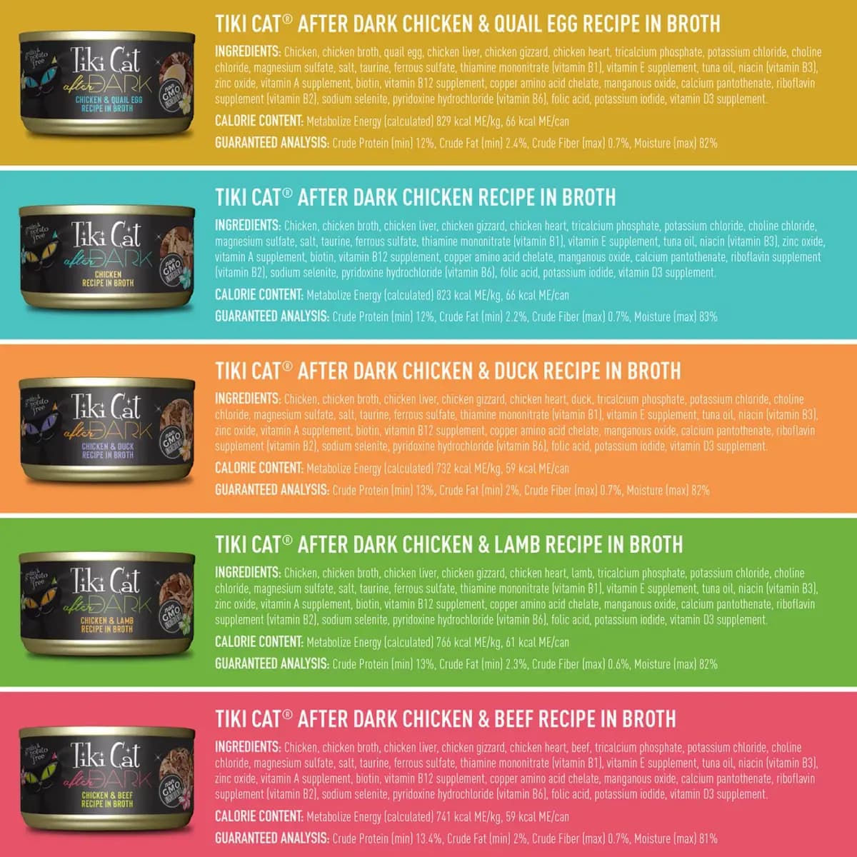 Tiki Cat® After Dark Wet Cat Food - Non-GMO, Grain Free - Variety Pack, 12 CT, 33.6 OZ [Item Number 5298972, Brand Tiki Cat After Dark, Food Type Wet CatFood, Breed Size All Breed 