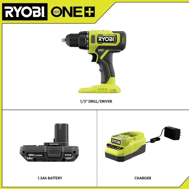 RYOBI 18V ONE+ 1/2" Drill/Driver Kit [Fuel Gauge Integrated LEDs, Capacity 1.5Ah, Chuck 1/2"]