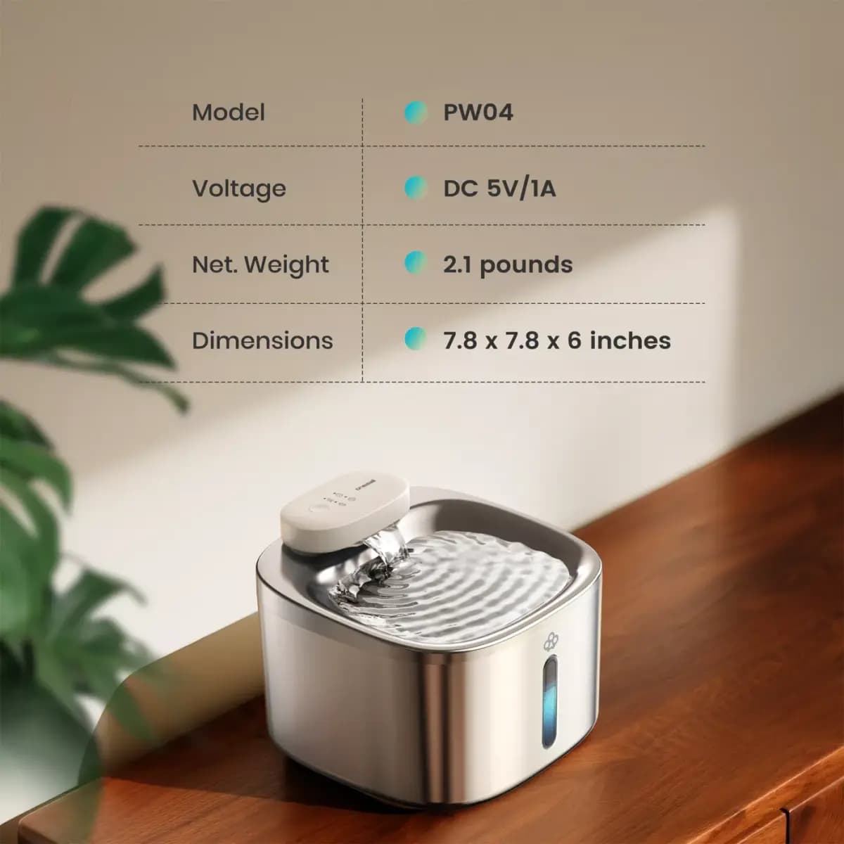 Oneisall 3.5 Liter Cordless Stainless Steel Cat Water Fountain W/ 60 Day Power & 3-Layer Filtration [Intended for Dog, Cat, Dimensions 7.87 in x 7.87 in x 6.02 in, Total Weight 2 l