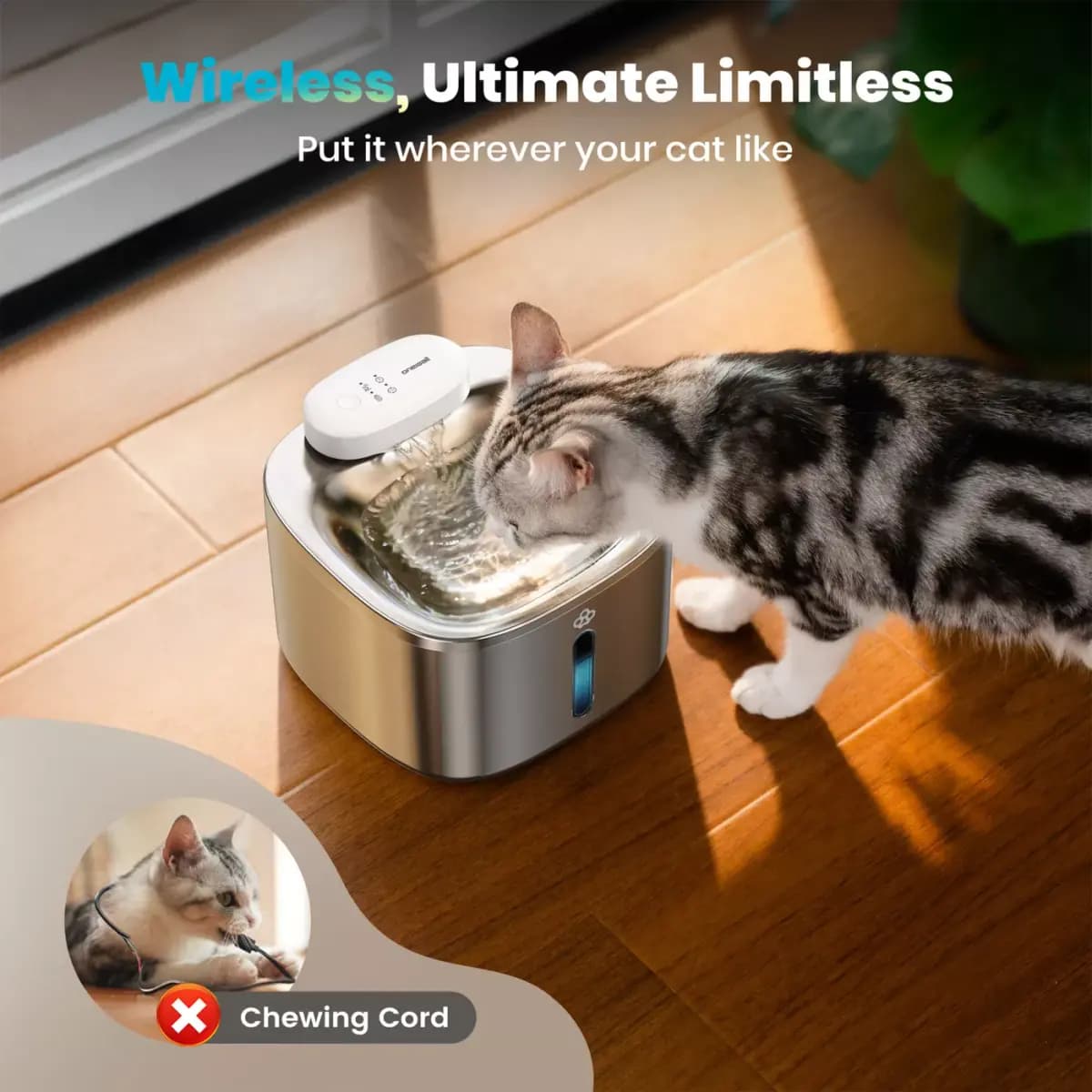 Oneisall 3.5 Liter Cordless Stainless Steel Cat Water Fountain W/ 60 Day Power & 3-Layer Filtration [Intended for Dog, Cat, Dimensions 7.87 in x 7.87 in x 6.02 in, Total Weight 2 l
