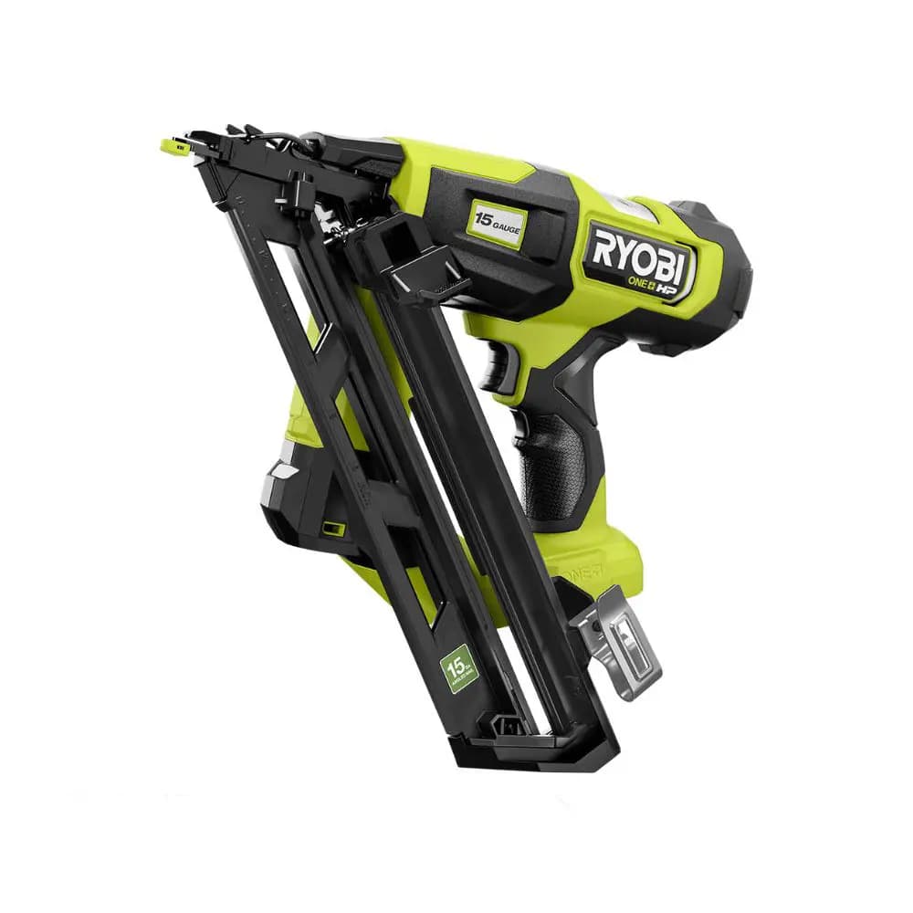 RYOBI 18V ONE+ HP Brushless 15GA Angled Finish Nailer [Magazine Capacity  114 Nails, Nail Range 1-1/4" to 2-1/2", Nails per Charge  Up to 1,500* Using a 4Ah HIGH PERFORMANCE batter