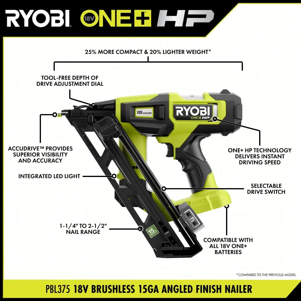 RYOBI 18V ONE+ HP Brushless 15GA Angled Finish Nailer [Magazine Capacity  114 Nails, Nail Range 1-1/4" to 2-1/2", Nails per Charge  Up to 1,500* Using a 4Ah HIGH PERFORMANCE batter