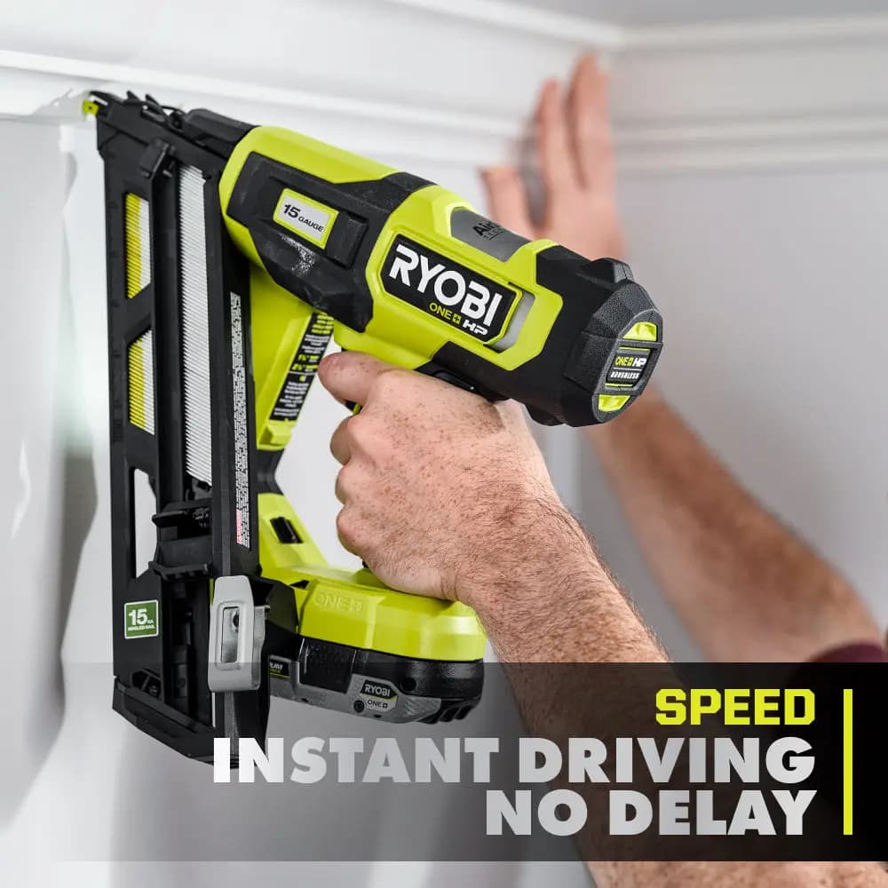 RYOBI 18V ONE+ HP Brushless 15GA Angled Finish Nailer [Magazine Capacity  114 Nails, Nail Range 1-1/4" to 2-1/2", Nails per Charge  Up to 1,500* Using a 4Ah HIGH PERFORMANCE batter