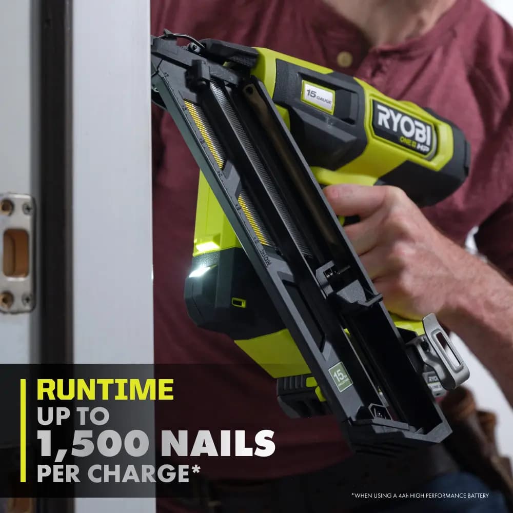 RYOBI 18V ONE+ HP Brushless 15GA Angled Finish Nailer [Magazine Capacity  114 Nails, Nail Range 1-1/4" to 2-1/2", Nails per Charge  Up to 1,500* Using a 4Ah HIGH PERFORMANCE batter