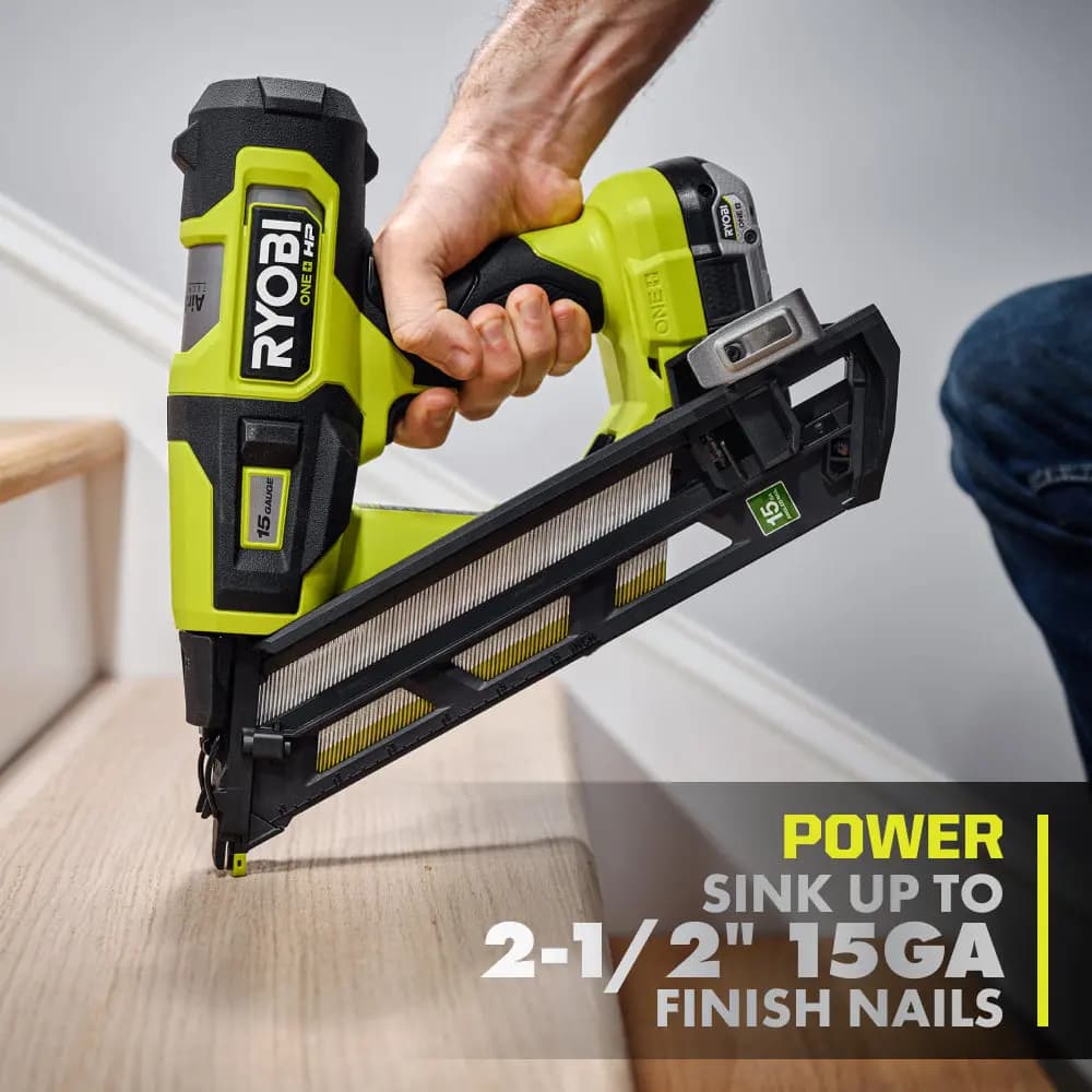 RYOBI 18V ONE+ HP Brushless 15GA Angled Finish Nailer [Magazine Capacity  114 Nails, Nail Range 1-1/4" to 2-1/2", Nails per Charge  Up to 1,500* Using a 4Ah HIGH PERFORMANCE batter