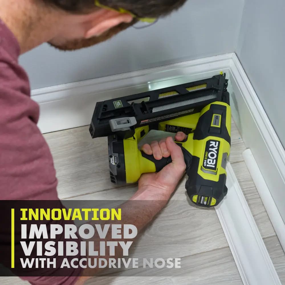 RYOBI 18V ONE+ HP Brushless 15GA Angled Finish Nailer [Magazine Capacity  114 Nails, Nail Range 1-1/4" to 2-1/2", Nails per Charge  Up to 1,500* Using a 4Ah HIGH PERFORMANCE batter