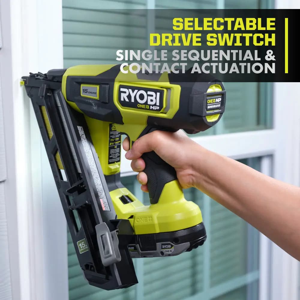 RYOBI 18V ONE+ HP Brushless 15GA Angled Finish Nailer [Magazine Capacity  114 Nails, Nail Range 1-1/4" to 2-1/2", Nails per Charge  Up to 1,500* Using a 4Ah HIGH PERFORMANCE batter