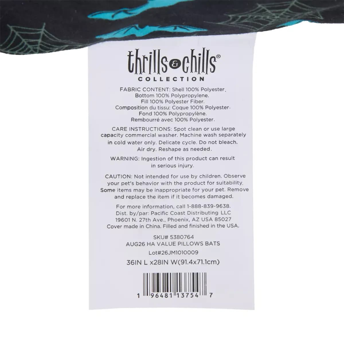 Thrills & Chills® Halloween Bats Pillow Dog Bed, ONESIZE 36 IN L X 28 IN W [Brand Thrills & Chills®, Includes 1 Pillow Bed, Intended Pet(s) Dpgs, Material(s) Polyfill, Velboa, Non-