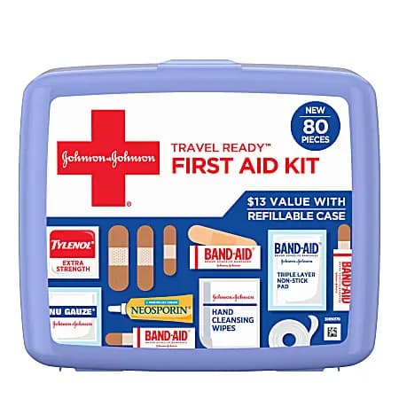 Johnson & Johnson Travel Ready Portable Emergency First Aid Kit, 80 pieces [80 pieces, Blue, 5-1/2 in. X 6-5/16 in. X 1-3/4 in.]