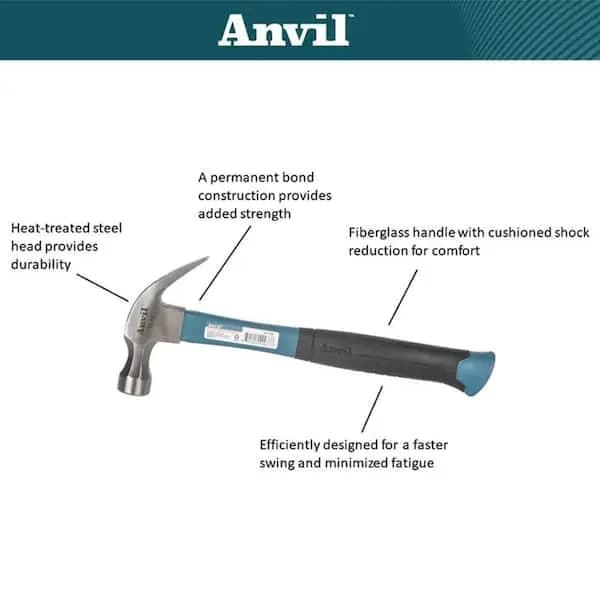 Anvil 16 oz. Fiberglass Claw Hammer, 99973 [Claw Type: Curved, Color Family: Green, Face Type: Smooth]
