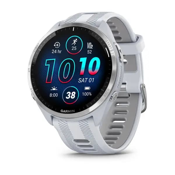 Garmin Forerunner 965 Titanium Bezel with Whitestone Case and Whitestone/Powder Gray Silicone Band [AMOLED (optional always-on mode), 5 ATM, 1.4\" (35.4 mm) diameter]
