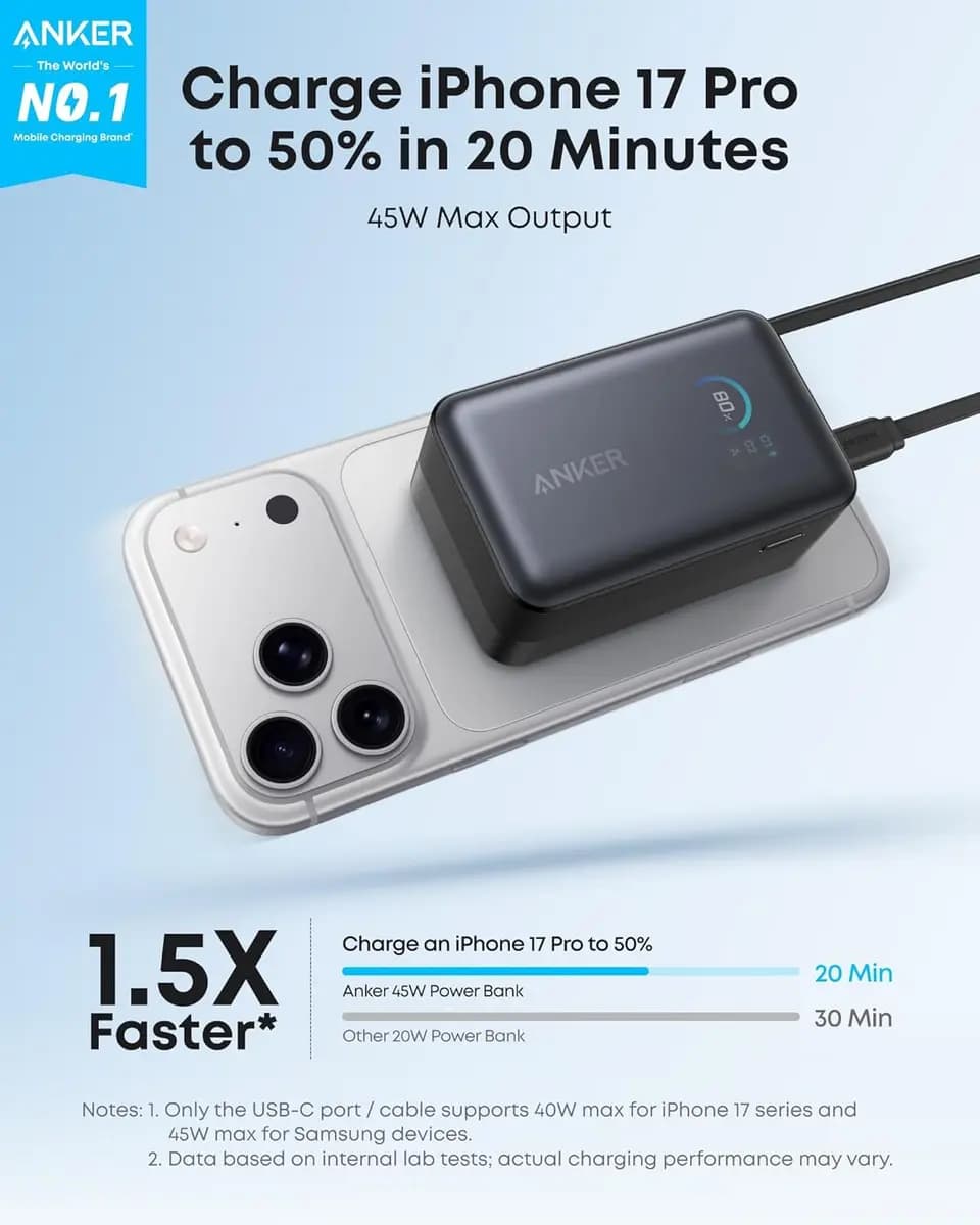 Anker Nano Power Bank (10K, 45W, Built-In Retractable USB-C Cable) [10,000mAh, 3.21 × 1.99 × 1.42 in, 0.51 lb]