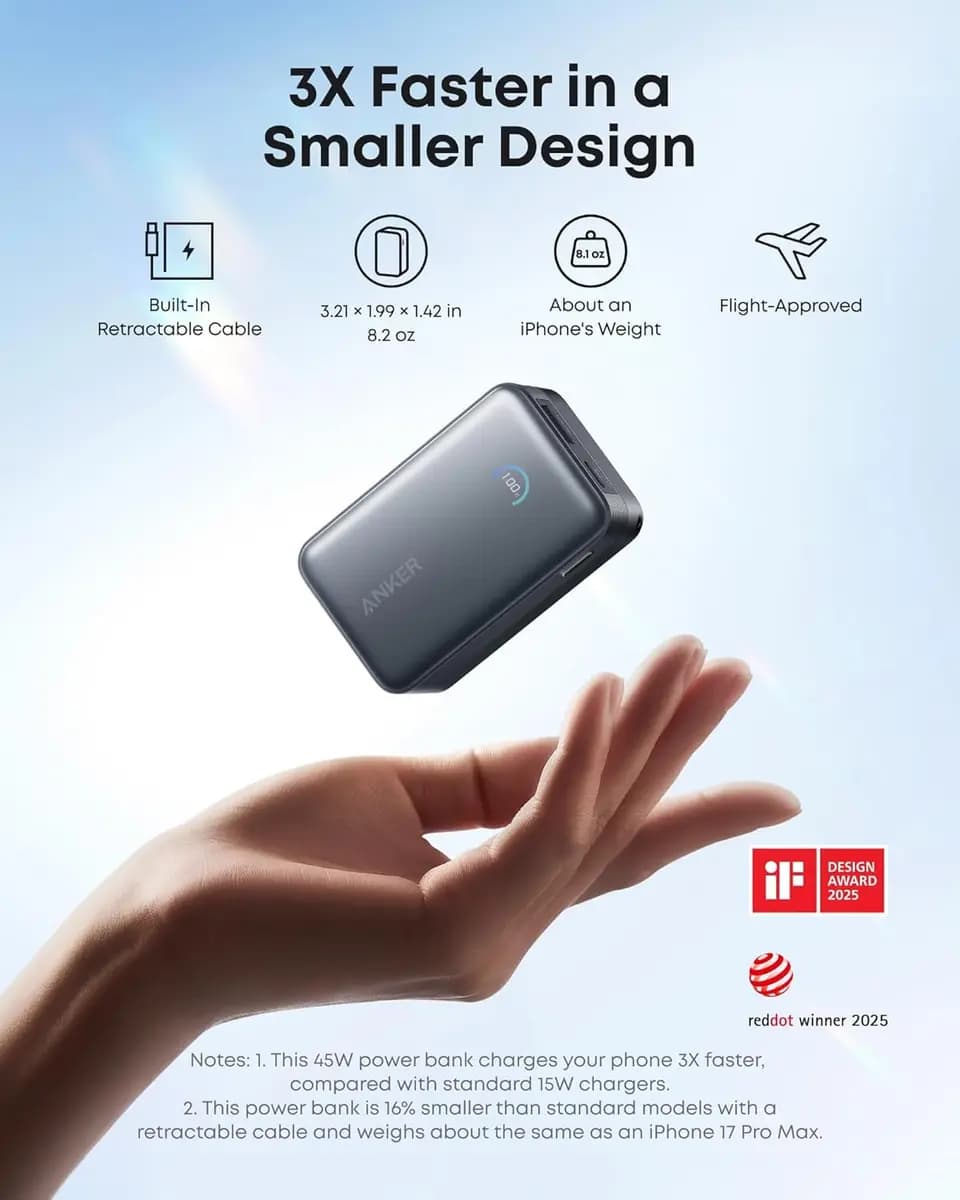 Anker Nano Power Bank (10K, 45W, Built-In Retractable USB-C Cable) [10,000mAh, 3.21 × 1.99 × 1.42 in, 0.51 lb]