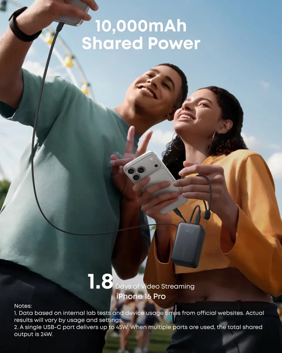 Anker Nano Power Bank (10K, 45W, Built-In Retractable USB-C Cable) [10,000mAh, 3.21 × 1.99 × 1.42 in, 0.51 lb]