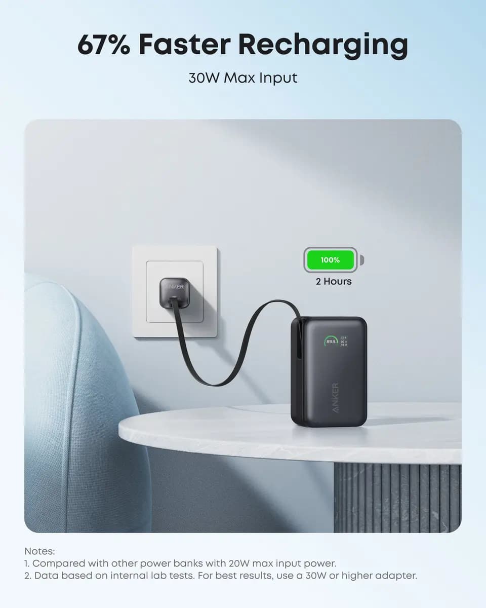 Anker Nano Power Bank (10K, 45W, Built-In Retractable USB-C Cable) [10,000mAh, 3.21 × 1.99 × 1.42 in, 0.51 lb]