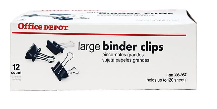 Office Depot® Brand Binder Clips, Large, 2" Wide, 1" Capacity, Black, Box Of 12 [capacity 1 in., Number Of Units Per Pack/Box 12, color Black, clip size Large]