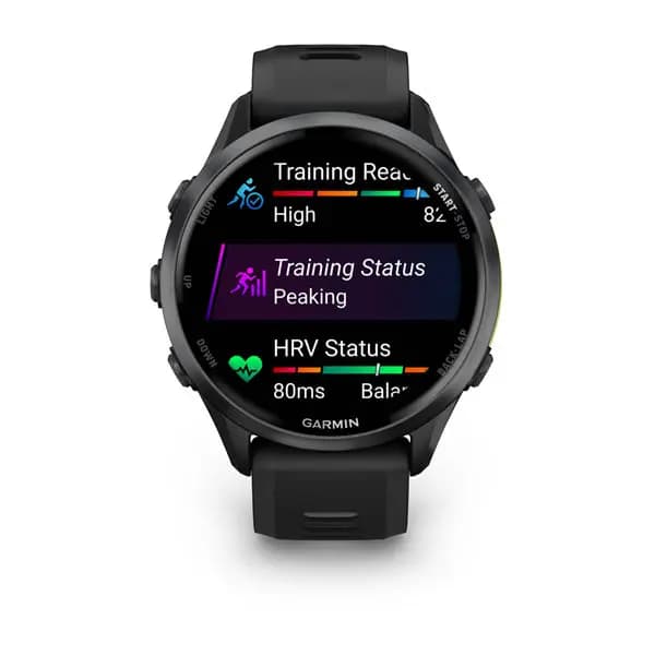Garmin Forerunner 970 Carbon Gray DLC Titanium with Black Case and Black/Translucent Whitestone Band [AMOLED (optional always-on mode), 5 ATM, 1.4\" (35.3 mm) diameter]
