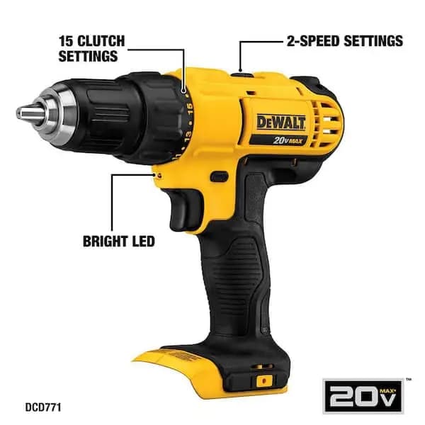 DEWALT 20V MAX Cordless 1/2 in. Drill/Driver, (2) 20V 1.3Ah Batteries, Charger and Bag, DCD771C2 [Battery Amp Hours: 1.3 Ah, Battery Power Type: Lithium Ion, Battery Voltage (V): 2