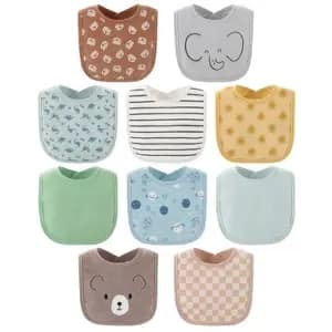 The Peanutshell Terry Baby Bib Set for Boys or Girls, 10-Pack, Feeding, Teething, Drooling, Soft Neutral [Dimensions (Overall) 11 inches (L), 7 inches (W), Suggested Age 0-36 Month