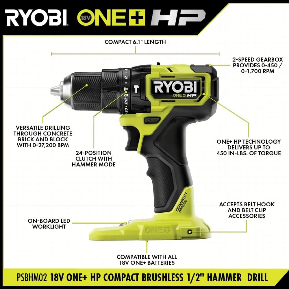 RYOBI 18V ONE+ HP Compact Brushless 1/2" Hammer Drill [RPM 0-450 / 0-1,700, Chuck 1/2", BPM 0-27,200]