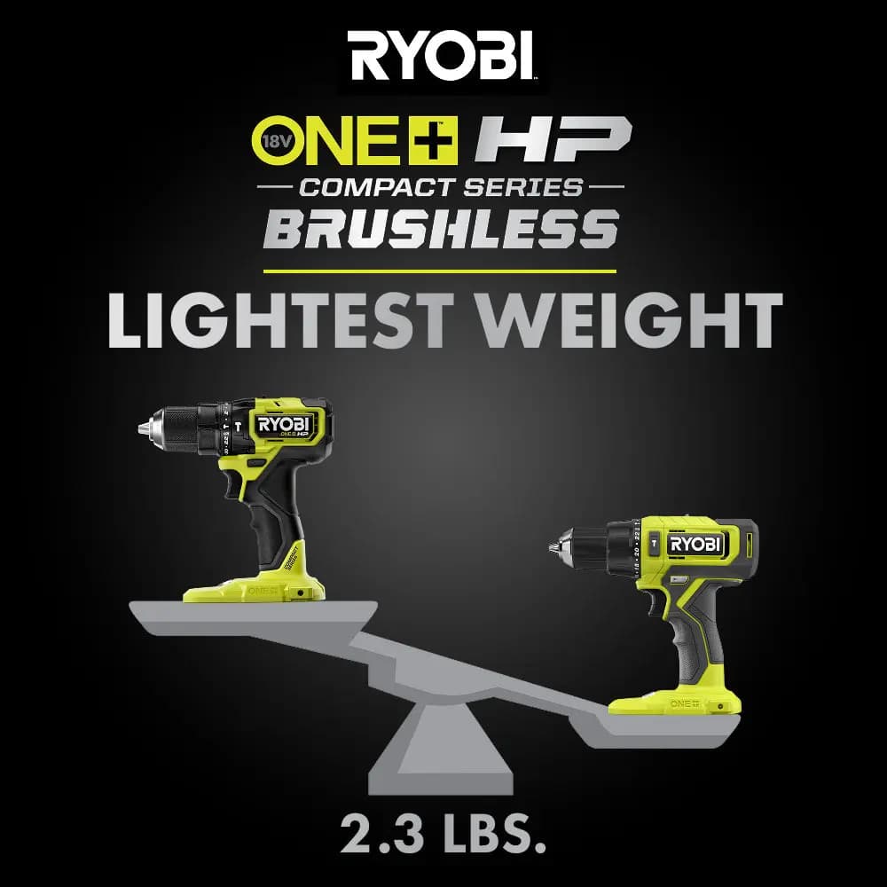 RYOBI 18V ONE+ HP Compact Brushless 1/2" Hammer Drill [RPM 0-450 / 0-1,700, Chuck 1/2", BPM 0-27,200]