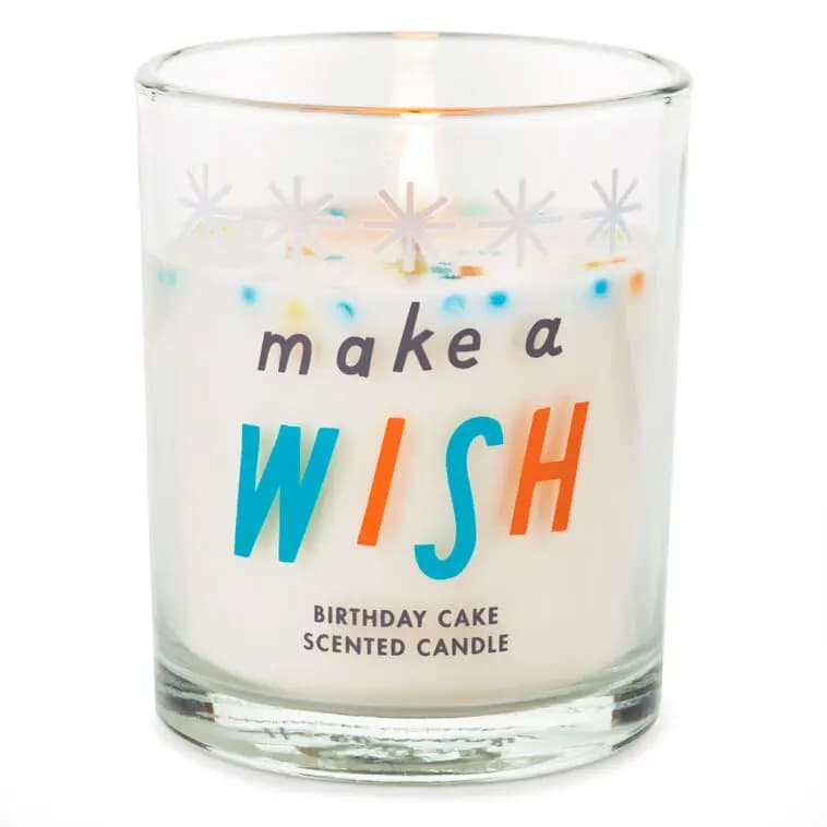 Make a Wish Birthday Cake Jar Candle [Wax scented candle in glass jar feat, Make a wish., Vanilla., 2.375" W x 2.875" H x 2.375" D]