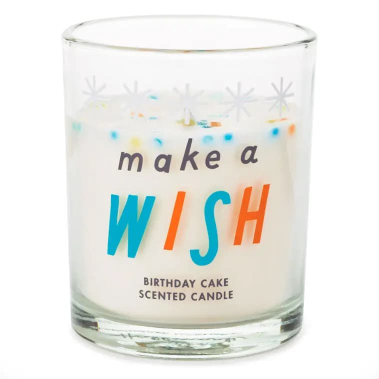 Make a Wish Birthday Cake Jar Candle [Wax scented candle in glass jar feat, Make a wish., Vanilla., 2.375" W x 2.875" H x 2.375" D]