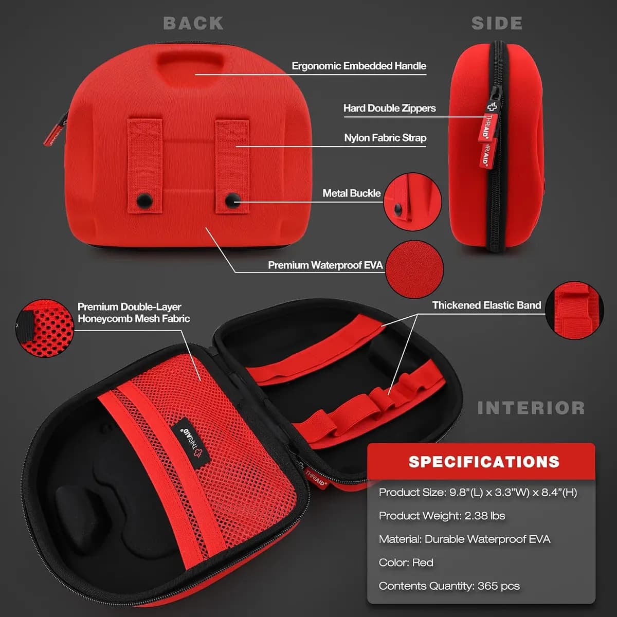 THRIAID 365 PCS First Aid Kit, Waterproof Well-Organized Hard Shell EVA Case [THRIAID, Waterproof, 365]