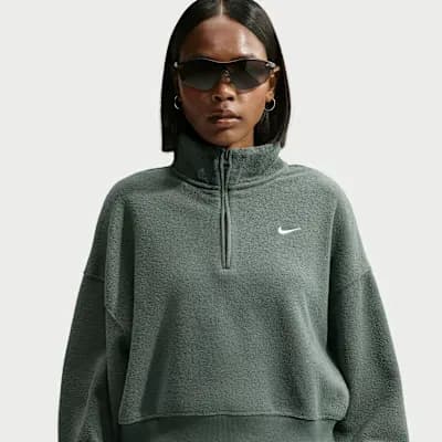 Nike Studio Fleece Plush Women's Oversized 1/4-Zip Cropped Top Camo Green/Sail [Camo Green/Sail, 310 GSM, Embroidered Swoosh logo]