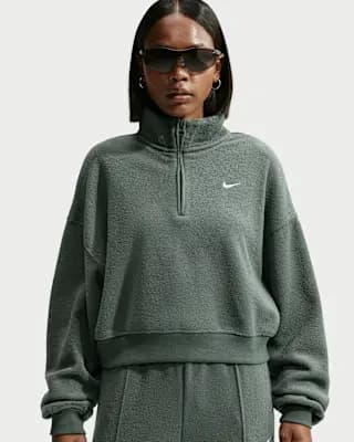 Nike Studio Fleece Plush Women's Oversized 1/4-Zip Cropped Top Camo Green/Sail [Camo Green/Sail, 310 GSM, Embroidered Swoosh logo]
