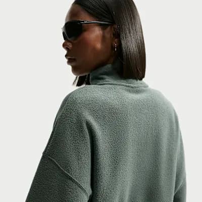 Nike Studio Fleece Plush Women's Oversized 1/4-Zip Cropped Top Camo Green/Sail [Camo Green/Sail, 310 GSM, Embroidered Swoosh logo]