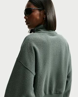 Nike Studio Fleece Plush Women's Oversized 1/4-Zip Cropped Top Camo Green/Sail [Camo Green/Sail, 310 GSM, Embroidered Swoosh logo]