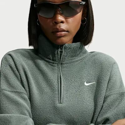 Nike Studio Fleece Plush Women's Oversized 1/4-Zip Cropped Top Camo Green/Sail [Camo Green/Sail, 310 GSM, Embroidered Swoosh logo]
