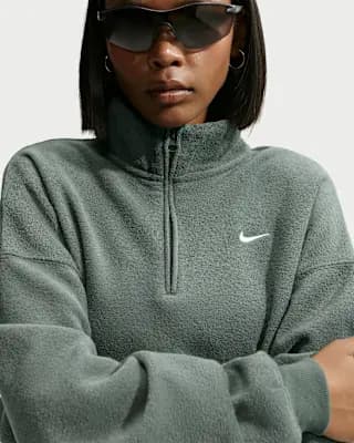 Nike Studio Fleece Plush Women's Oversized 1/4-Zip Cropped Top Camo Green/Sail [Camo Green/Sail, 310 GSM, Embroidered Swoosh logo]