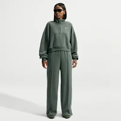 Nike Studio Fleece Plush Women's Oversized 1/4-Zip Cropped Top Camo Green/Sail [Camo Green/Sail, 310 GSM, Embroidered Swoosh logo]