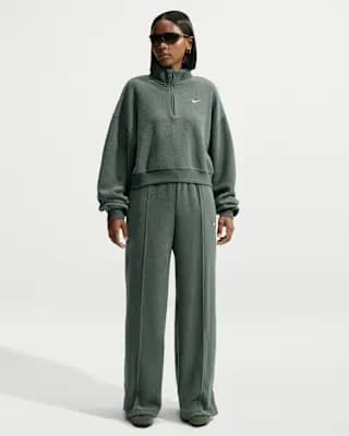Nike Studio Fleece Plush Women's Oversized 1/4-Zip Cropped Top Camo Green/Sail [Camo Green/Sail, 310 GSM, Embroidered Swoosh logo]
