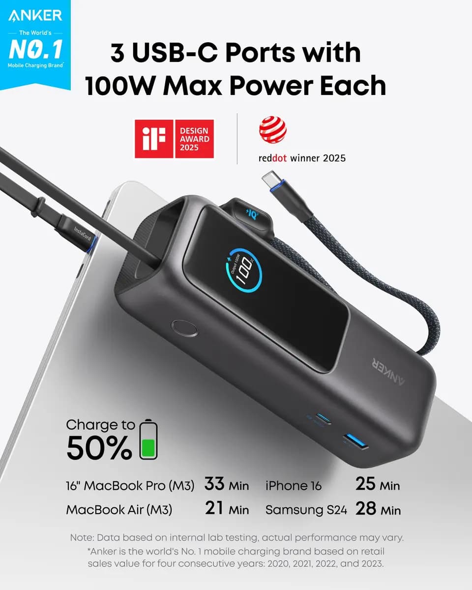 Anker Laptop Power Bank (25K, 165W, Built-In and Retractable Cables) [25,000mAh, 165W Max, 6.18 × 2.12 × 1.93 in (156.97 × 53.85 × 49.02 mm]