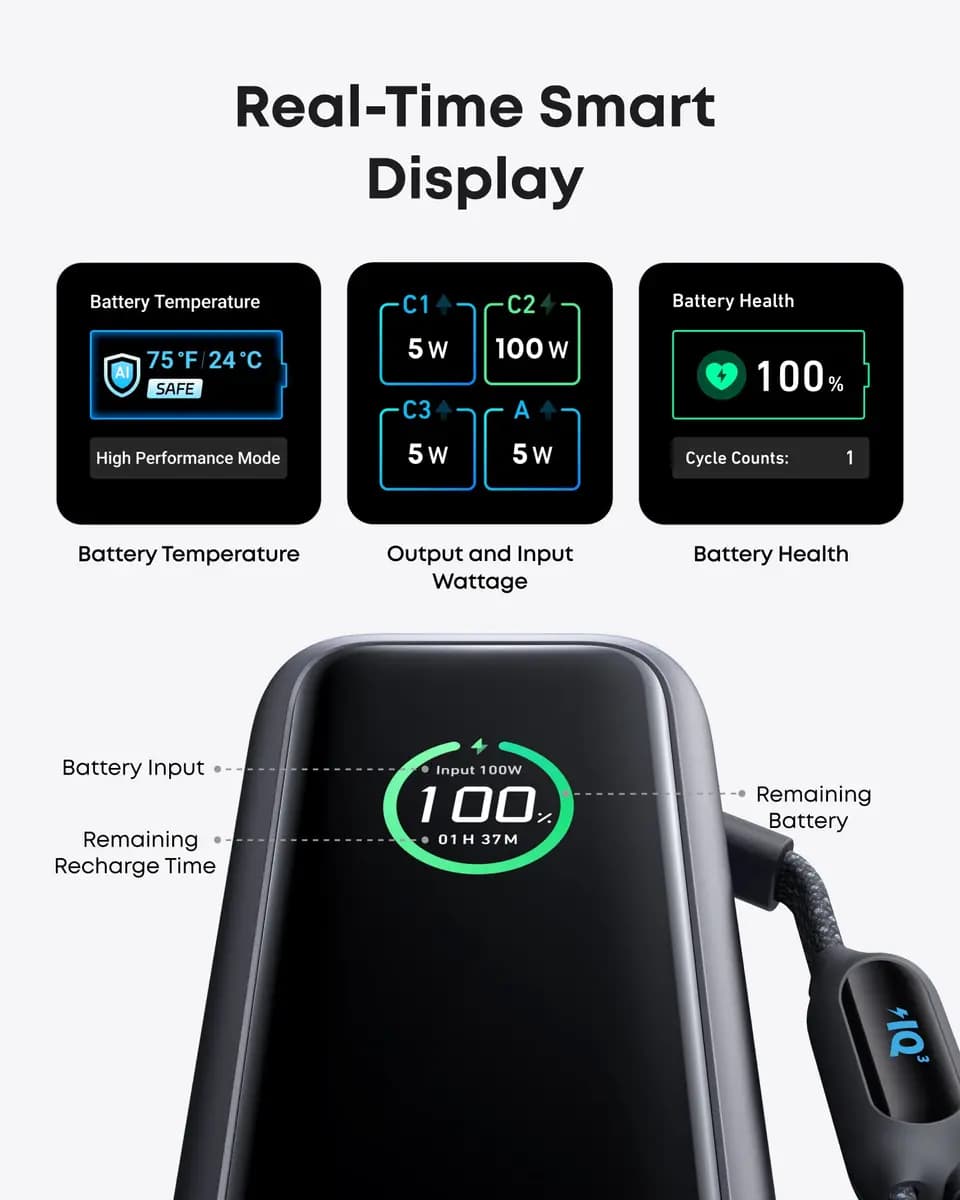 Anker Laptop Power Bank (25K, 165W, Built-In and Retractable Cables) [25,000mAh, 165W Max, 6.18 × 2.12 × 1.93 in (156.97 × 53.85 × 49.02 mm]