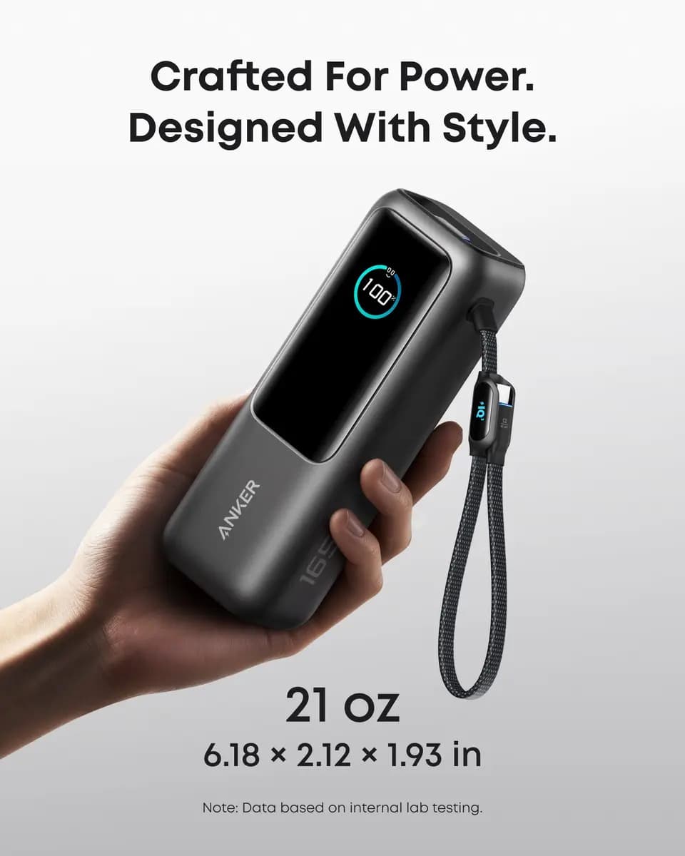Anker Laptop Power Bank (25K, 165W, Built-In and Retractable Cables) [25,000mAh, 165W Max, 6.18 × 2.12 × 1.93 in (156.97 × 53.85 × 49.02 mm]