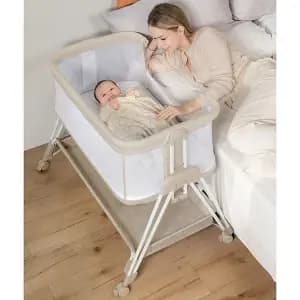 AmourLil Baby Bassinet Bedside Sleeper with Wheels & Storage Tray, Portable Crib for Newborns [Dimensions (Overall) 35 inches (H) x 22 inches (W) x 35 inche, Weight 19.8 pounds, Ho
