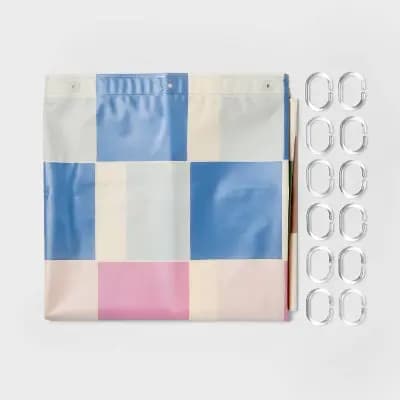 13pc PEVA Checkerboard Shower Curtain and Rings Set Multi - Room Essentials™ [72 Inches (H) x 70 Inches (W), .72 Pounds, Pressed or Molded]