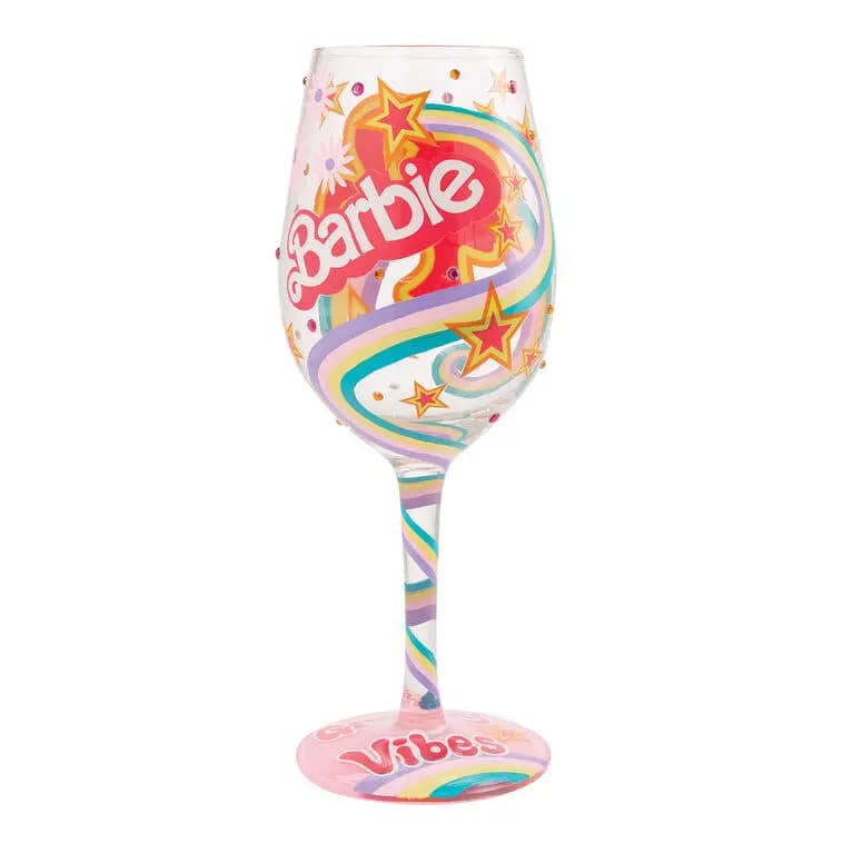 Lolita Barbie The Original Fashionista Handpainted Wine Glass, 15 oz. [Message Barbie. Groovy vibes, Dimensions Holds 15 oz.; 9.05" H, Count 1, Care instructions Hand wash only.]